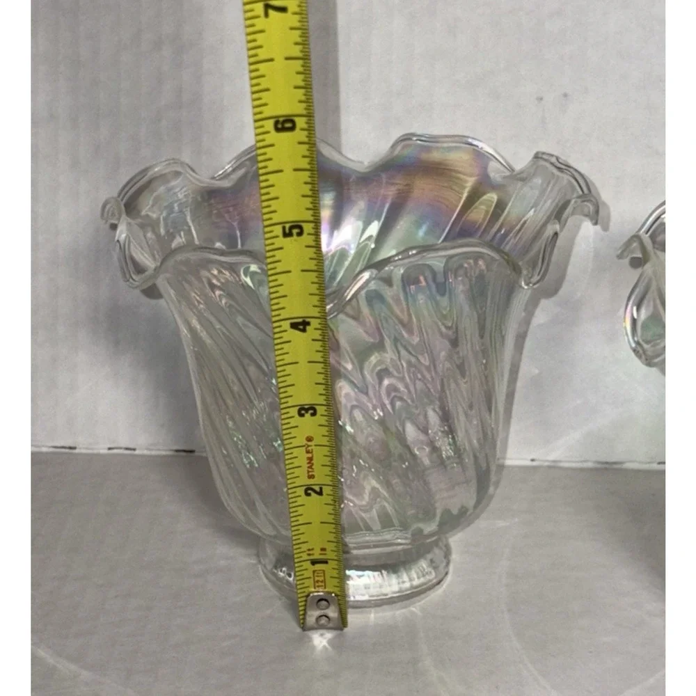 Iridescent 4” Light Shade Hurricane Lamp Swirl Bell Ruffled Fitter 2” Set of 3